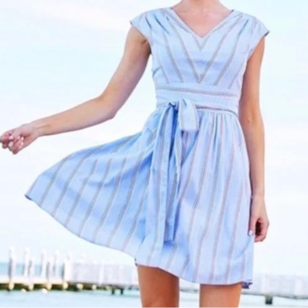 Vineyard Vines Light Blue Striped Tie-Waist Dress
